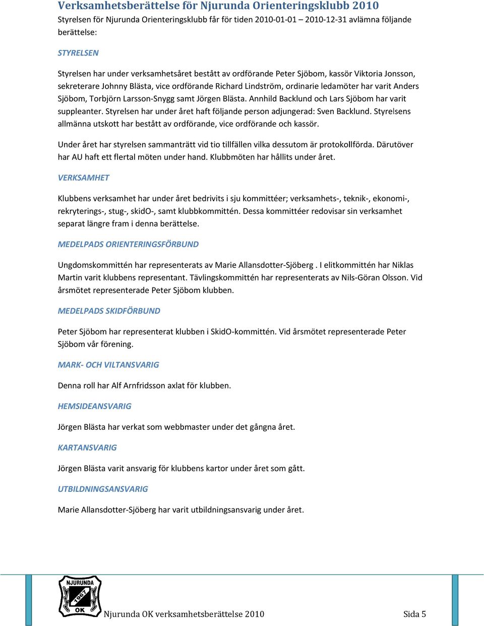 Larsson Snygg samt Jörgen Blästa. Annhild Backlund och Lars Sjöbom har varit suppleanter. Styrelsen har under året haft följande person adjungerad: Sven Backlund.
