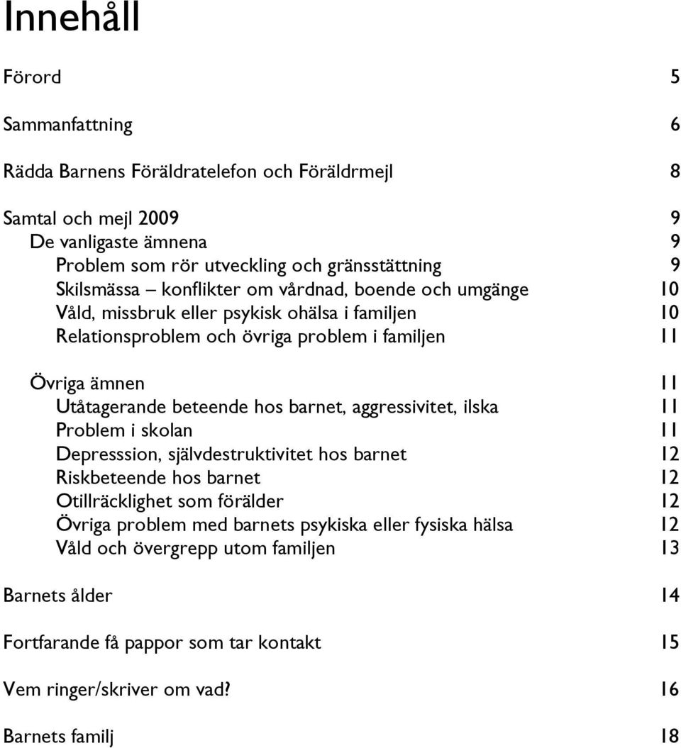 beteende hos barnet, aggressivitet, ilska 11 Problem i skolan 11 Depresssion, självdestruktivitet hos barnet 12 Riskbeteende hos barnet 12 Otillräcklighet som förälder 12 Övriga