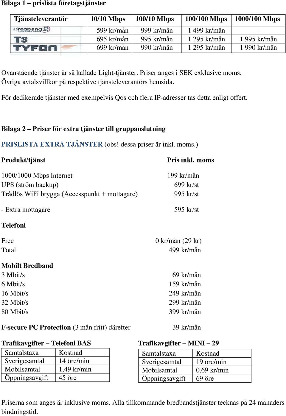 För dedikerade tjänster med exempelvis Qos och flera IP-adresser tas detta enligt offert. Bilaga 2 Priser för extra tjänster till gruppanslutning PRISLISTA EXTRA TJÄNSTER (obs! dessa priser är inkl.