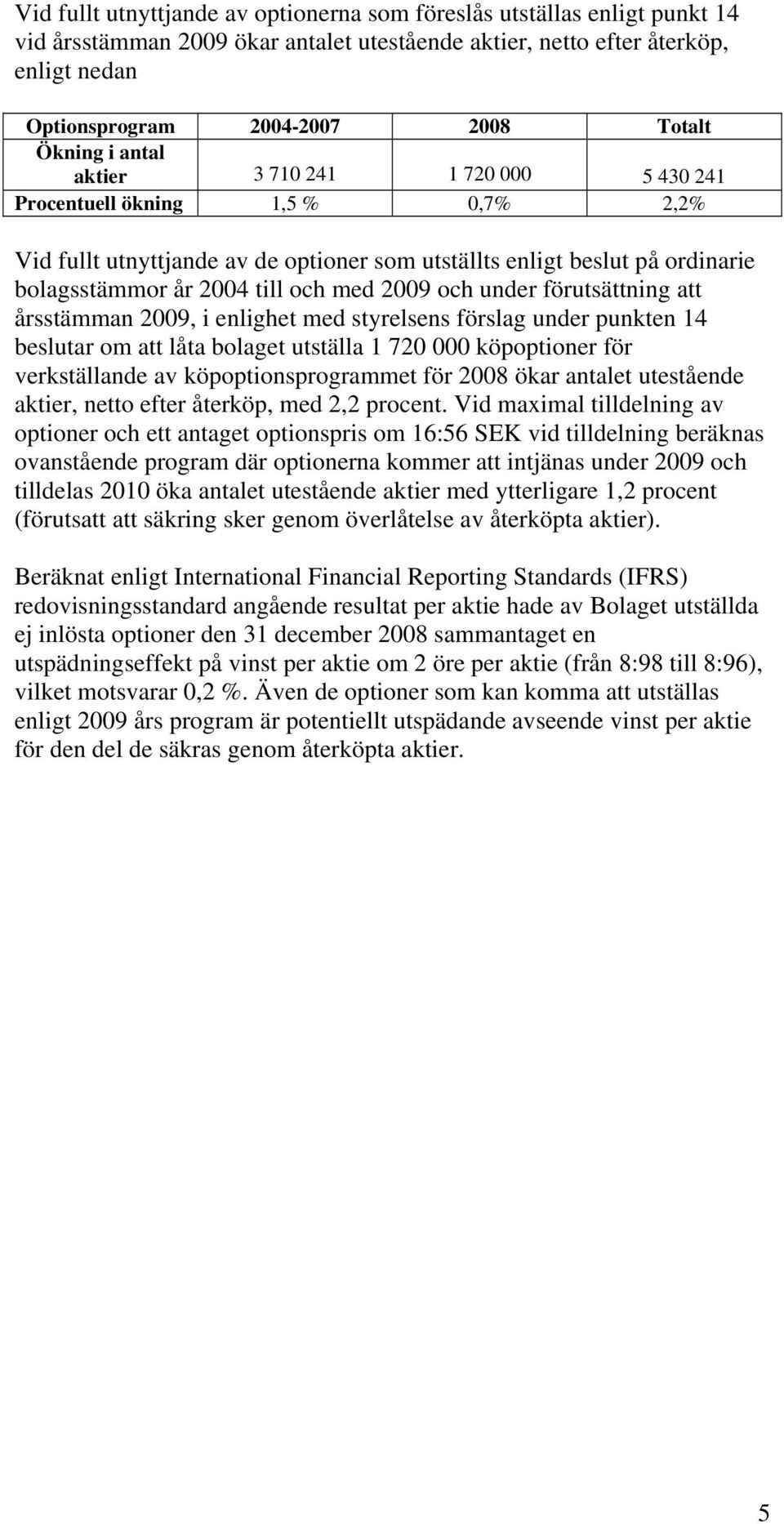 årsstämman 2009, i enlighet med styrelsens förslag under punkten 14 beslutar om att låta bolaget utställa 1 720 000 köp för verkställande av köpoptionsprogrammet för 2008 ökar antalet utestående