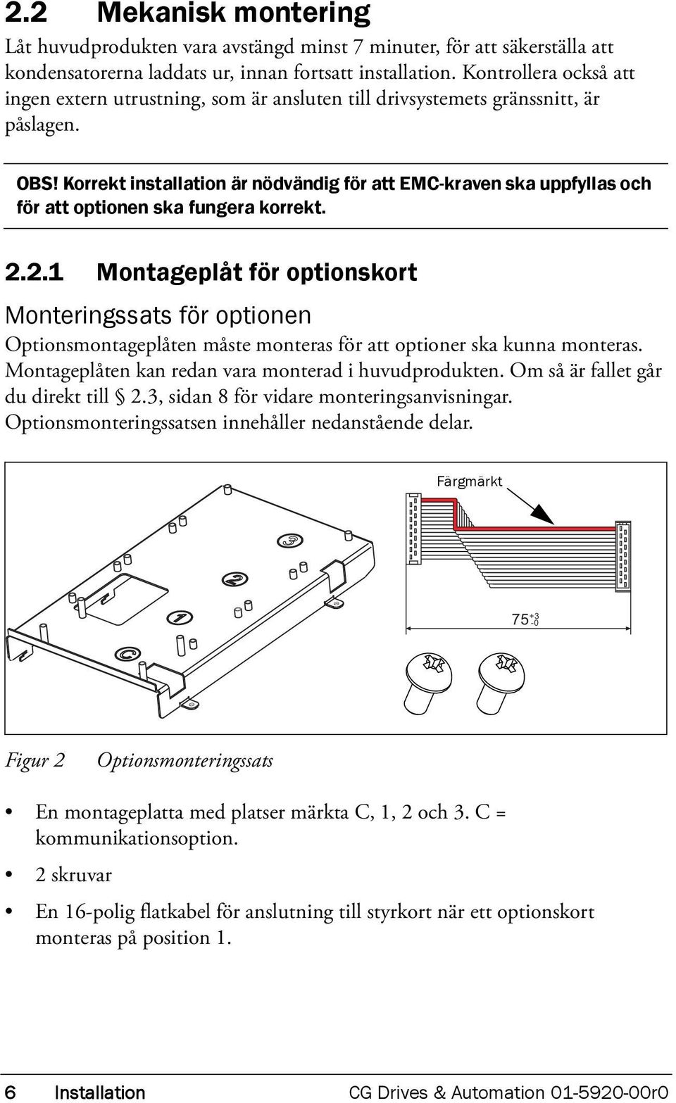 Korrekt installation är nödvändig för att EMC-kraven ska uppfyllas och för att optionen ska fungera korrekt. 2.