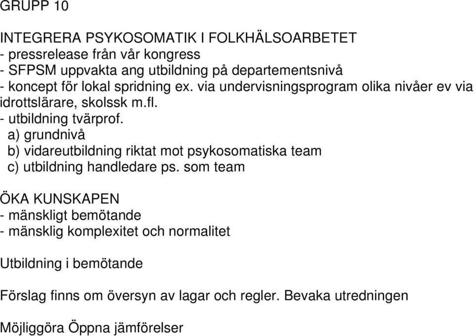 a) grundnivå b) vidareutbildning riktat mot psykosomatiska team c) utbildning handledare ps.