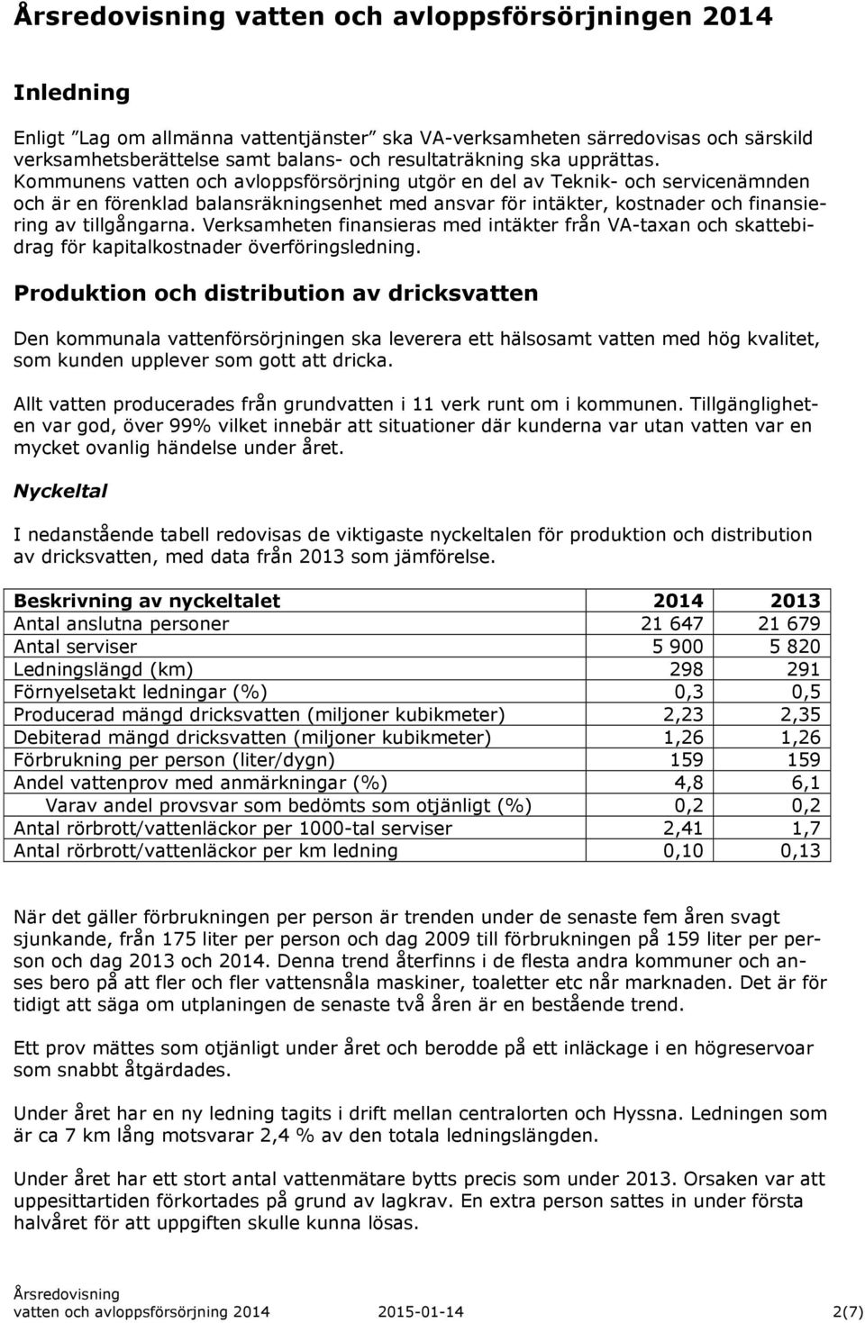 Verksamheten finansieras med intäkter från VA-taxan och skattebidrag för kapitalkostnader överföringsledning.