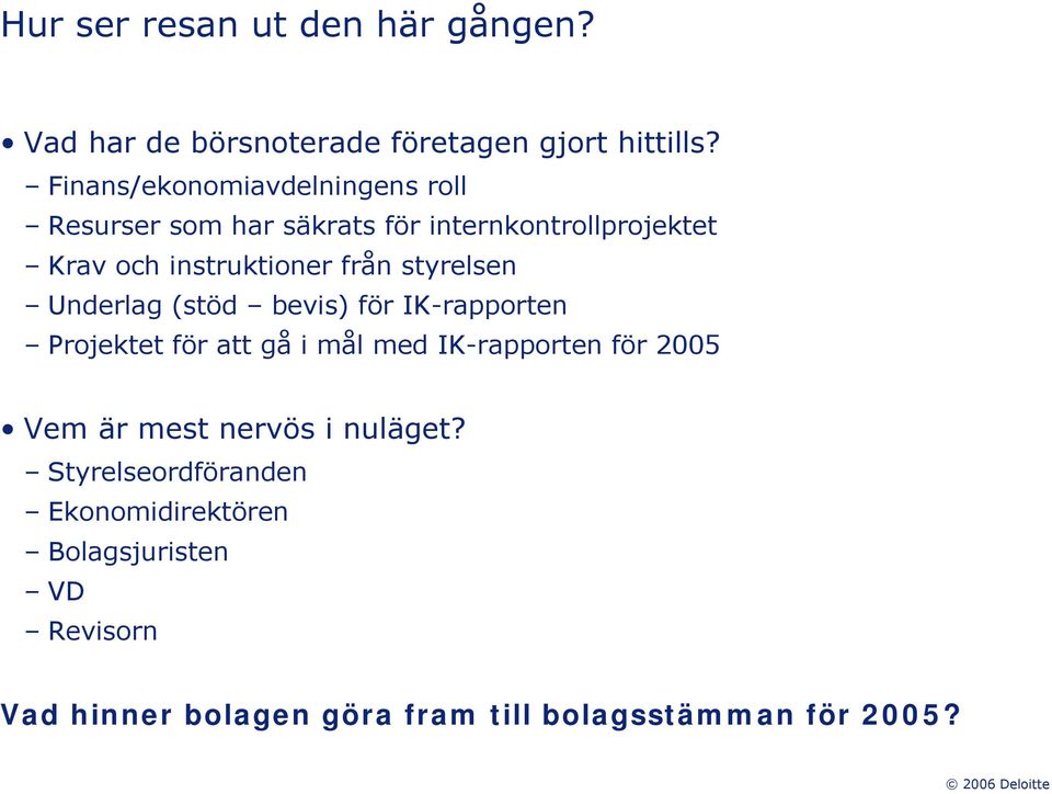 styrelsen Underlag (stöd bevis) för IK-rapporten Projektet för att gå i mål med IK-rapporten för 2005 Vem är