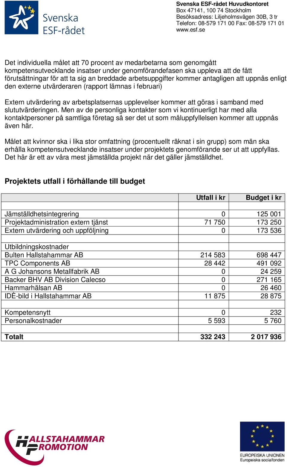 slututvärderingen. Men av de personliga kontakter som vi kontinuerligt har med alla kontaktpersoner på samtliga företag så ser det ut som måluppfyllelsen kommer att uppnås även här.