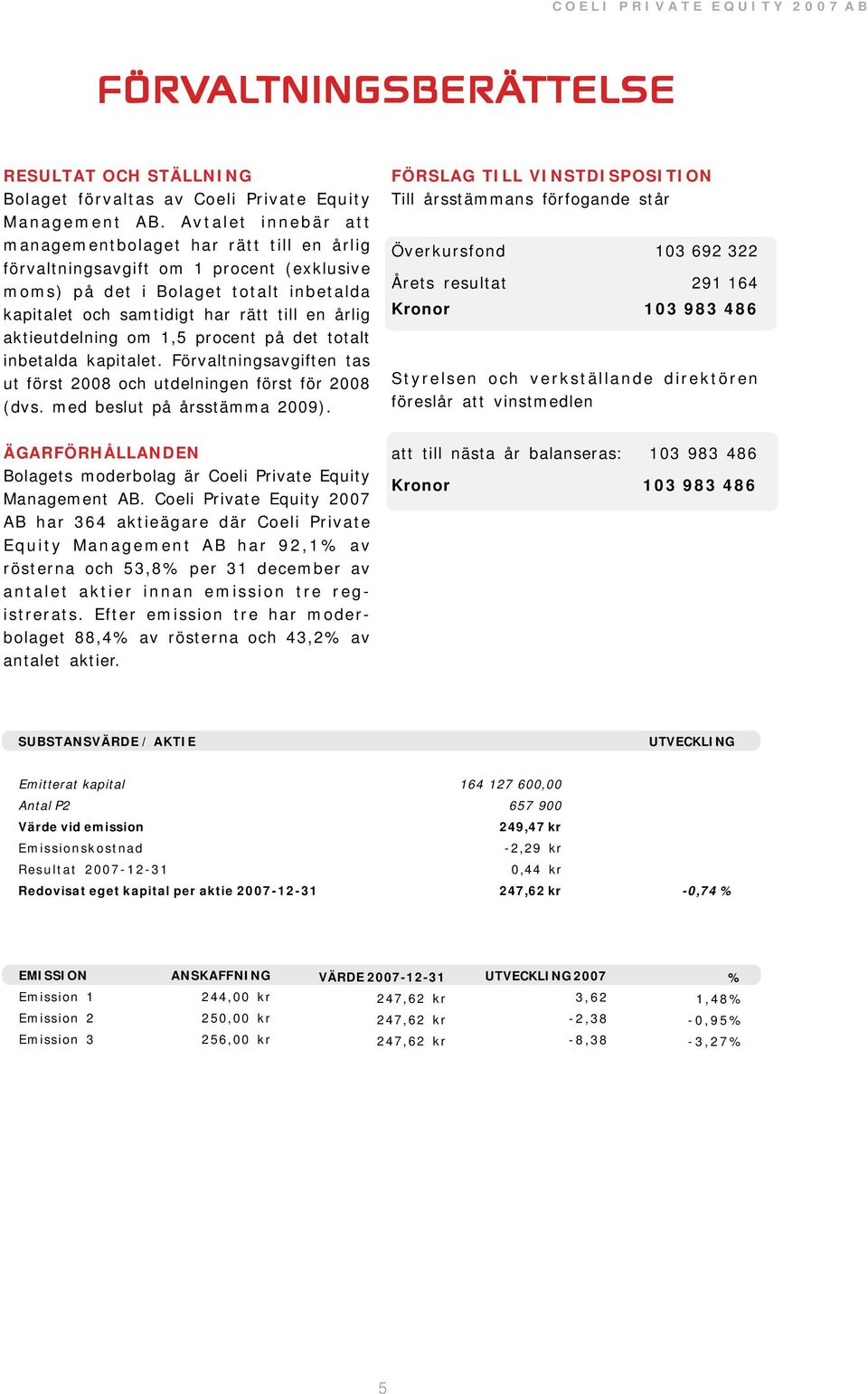 aktieutdelning om 1,5 procent på det totalt inbetalda kapitalet. Förvaltningsavgiften tas ut först 28 och utdelningen först för 28 (dvs. med beslut på årsstämma 29).