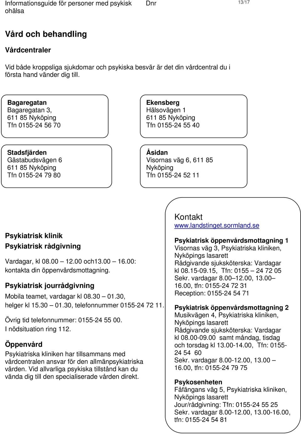 väg 6, 611 85 Nyköping Tfn 0155-24 52 11 Psykiatrisk klinik Psykiatrisk rådgivning Vardagar, kl 08.00 12.00 och13.00 16.00: kontakta din öppenvårdsmottagning.