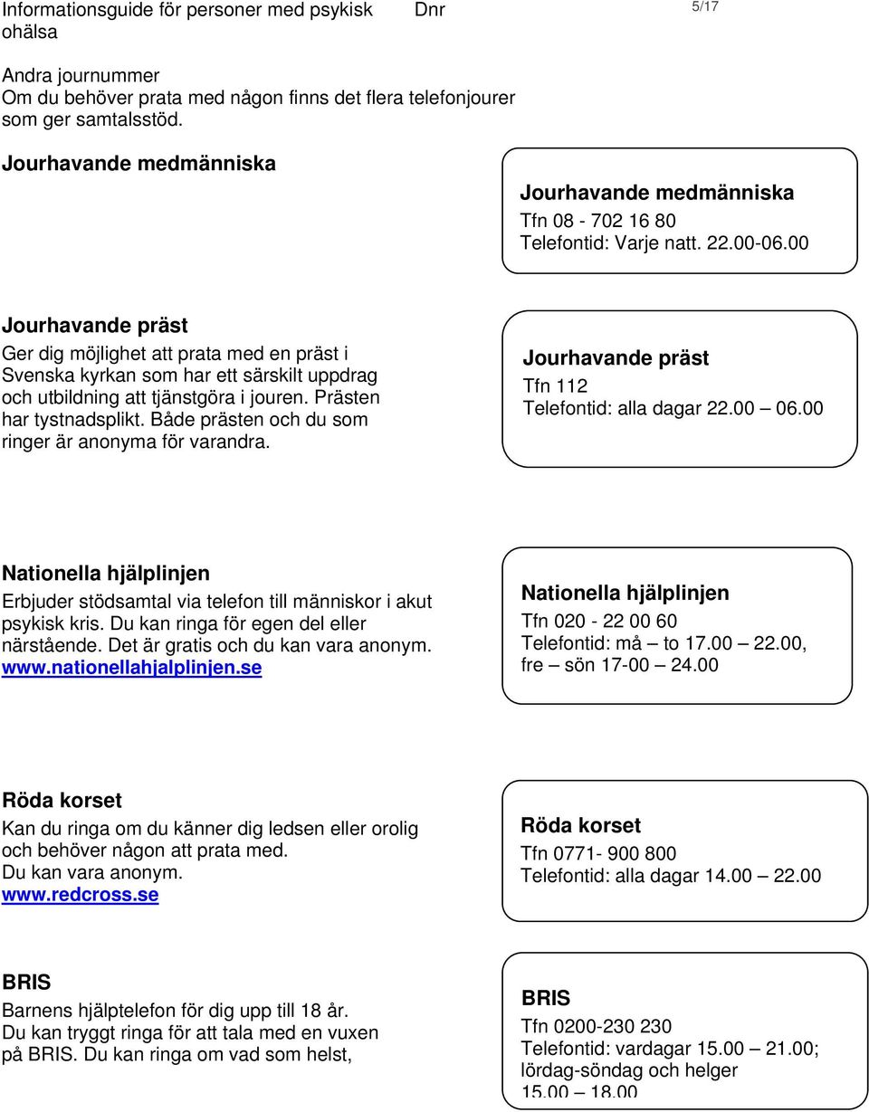 Både prästen och du som ringer är anonyma för varandra. Jourhavande präst Tfn 112 Telefontid: alla dagar 22.00 06.