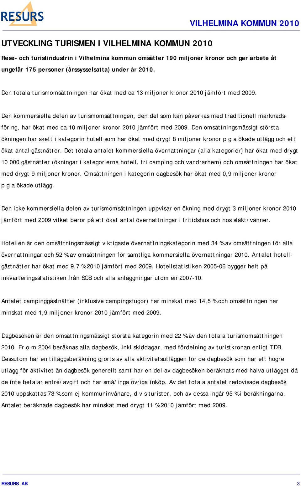 Den kommersiella delen av turismomsättningen, den del som kan påverkas med traditionell marknadsföring, har ökat med ca 10 miljoner kronor 2010 jämfört med 2009.