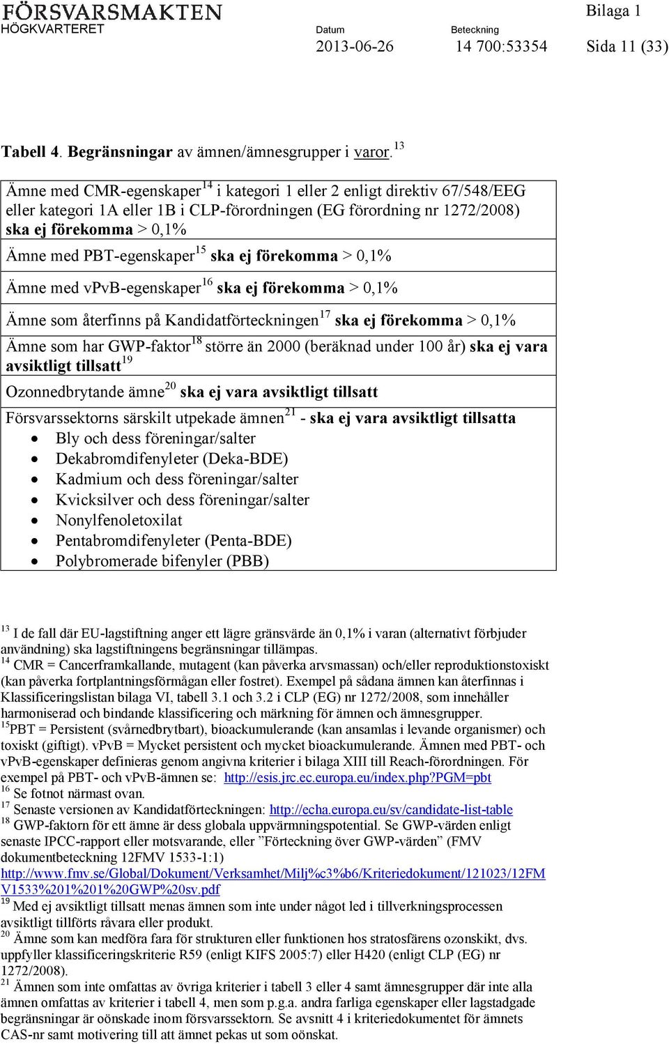 PBT-egenskaper 15 ska ej förekomma > 0,1% Ämne med vpvb-egenskaper 16 ska ej förekomma > 0,1% Ämne som återfinns på Kandidatförteckningen 17 ska ej förekomma > 0,1% Ämne som har GWP-faktor 18 större