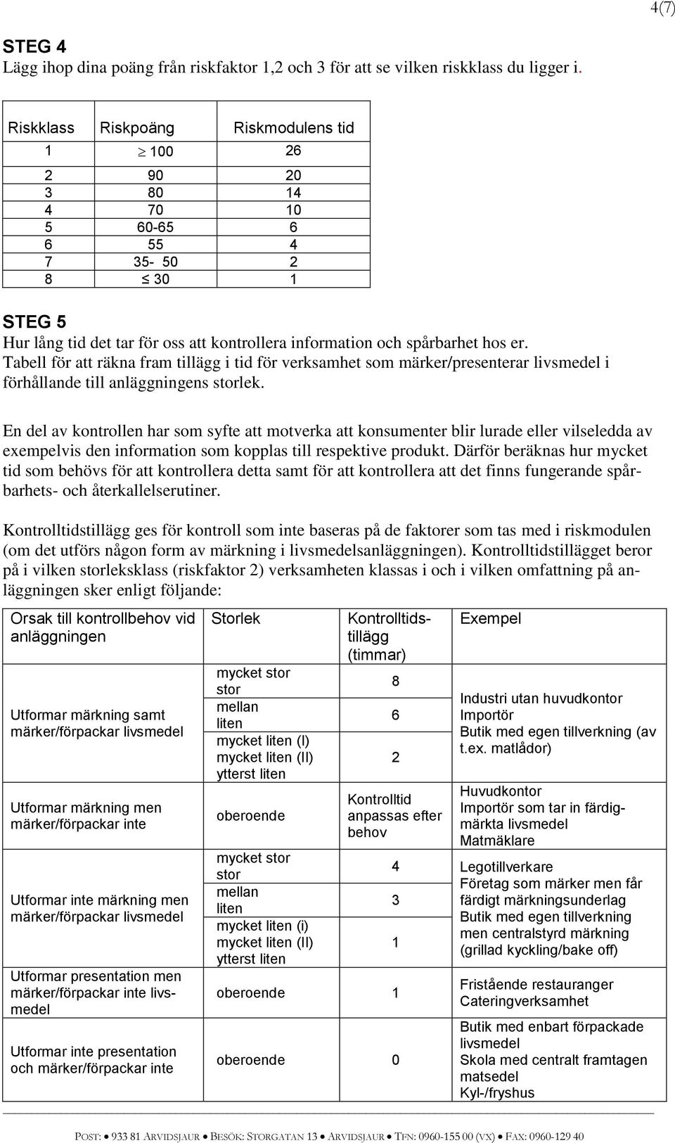 Tabell för att räkna fram tillägg i tid för verksamhet som märker/presenterar livsmedel i förhållande till anläggningens storlek.