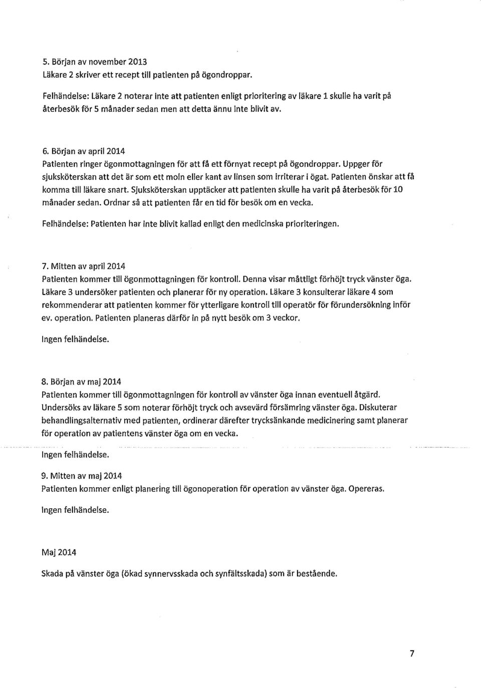 Början av april 2014 Patienten ringer ögonmottagningen för att få ett förnyat recept på ögondroppar. Uppger för sjuksköterskan att det är som ett moln eller kant av linsen som irriterar i ögat.