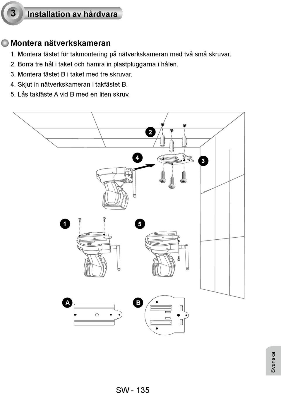 Borra tre hål i taket och hamra in plastpluggarna i hålen. 3.
