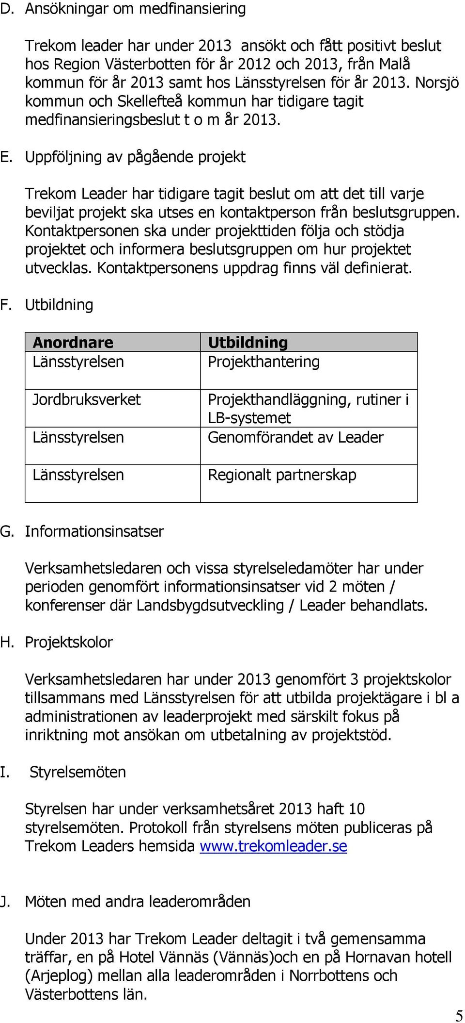 Uppföljning av pågående projekt Trekom Leader har tidigare tagit beslut om att det till varje beviljat projekt ska utses en kontaktperson från beslutsgruppen.