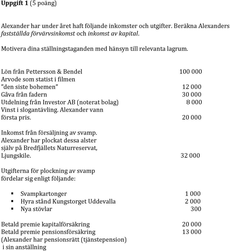 Lön från Pettersson & Bendel 100 000 Arvode som statist i filmen den siste bohemen 12 000 Gåva från fadern 30 000 Utdelning från Investor AB (noterat bolag) 8 000 Vinst i slogantävling.