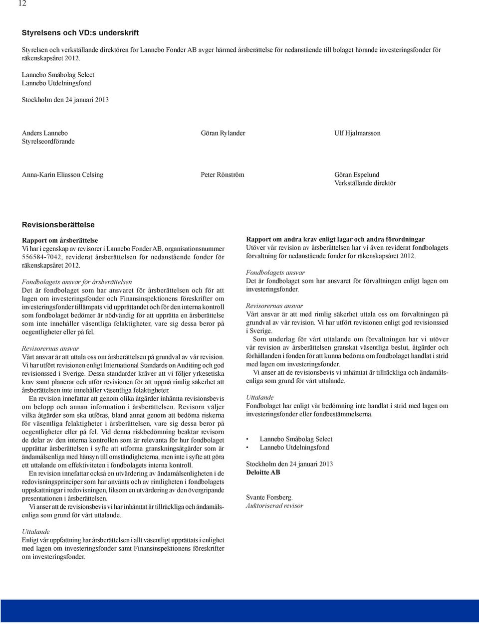 Espelund Verkställande direktör Revisionsberättelse Rapport om årsberättelse Vi har i egenskap av revisorer i Lannebo Fonder AB, organisationsnummer 556584-7042, reviderat årsberättelsen för