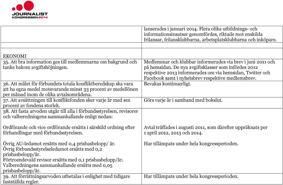 Att målet för förbundets totala konfliktberedskap ska vara att ha egna medel motsvarande minst 33 procent av medellönen per månad inom de olika avtalsområdena. 37.