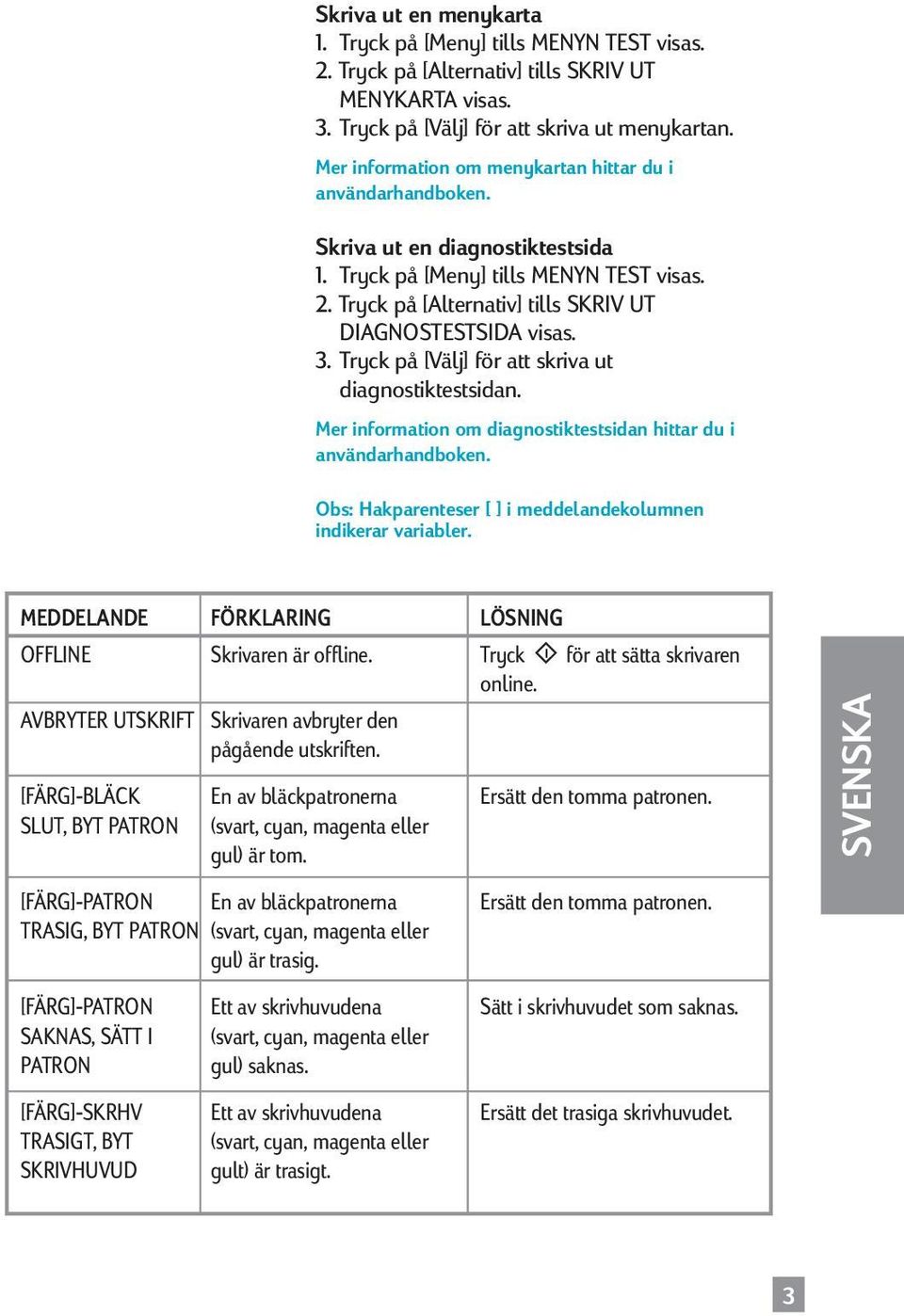 3. Tryck på [Välj] för att skriva ut diagnostiktestsidan. Mer information om diagnostiktestsidan hittar du i användarhandboken. Obs: Hakparenteser [ ] i meddelandekolumnen indikerar variabler.