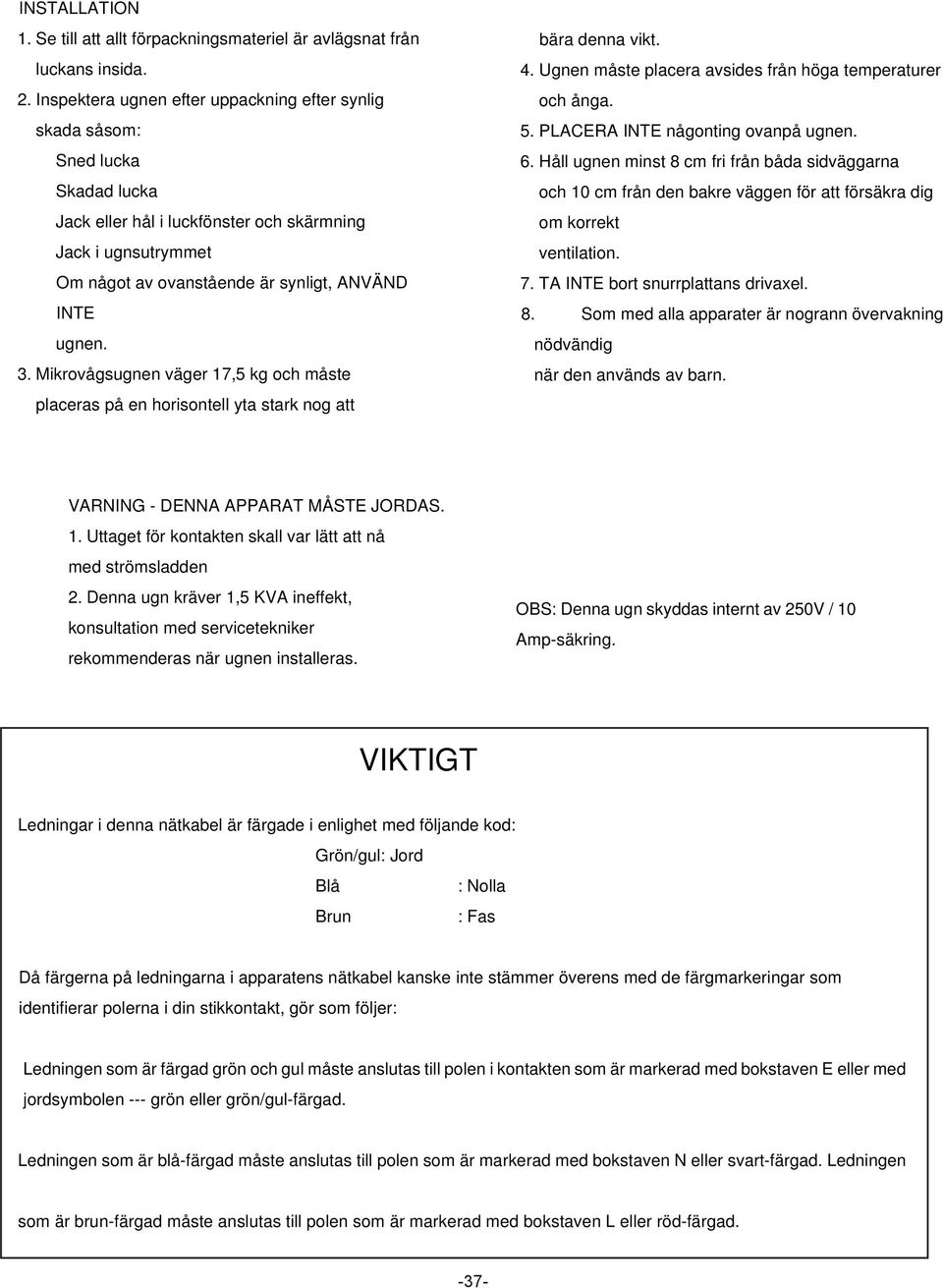 ugnen. 3. Mikrovågsugnen väger 17,5 kg och måste placeras på en horisontell yta stark nog att bära denna vikt. 4. Ugnen måste placera avsides från höga temperaturer och ånga. 5.