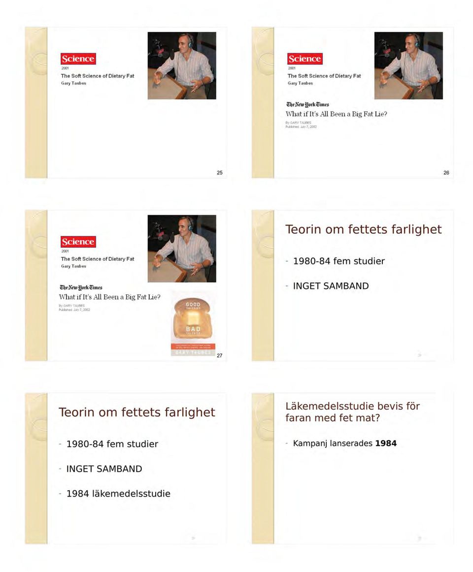 By GARV TAUSES Pubished:July7,2002 25 26 Teorin om fettets farlighet 2001 The Soft Science of Dietary Fat Gmy Tauh es - 1980-84 fem studier ehr