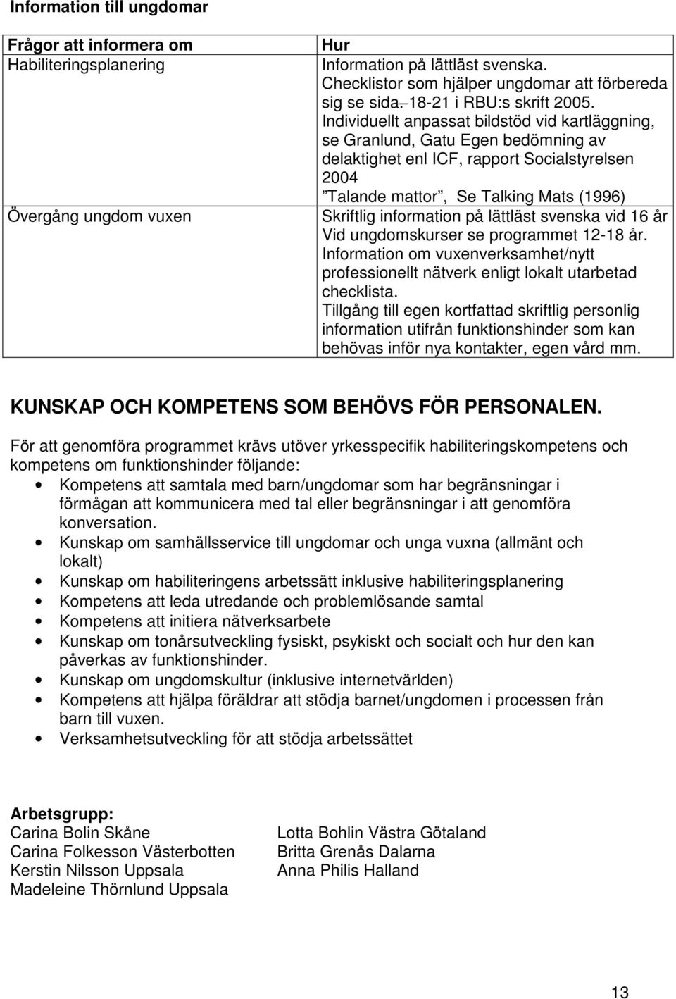 Individuellt anpassat bildstöd vid kartläggning, se Granlund, Gatu Egen bedömning av delaktighet enl ICF, rapport Socialstyrelsen 2004 Talande mattor, Se Talking Mats (1996) Skriftlig information på
