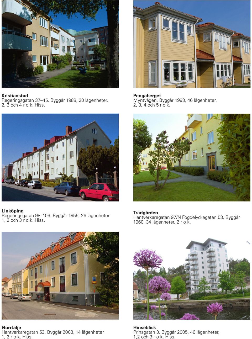 Byggår 1955, 26 lägenheter 1, 2 och 3 r o k. Hiss. Trädgården Hantverkaregatan 97/N Fogdelyckegatan 53.