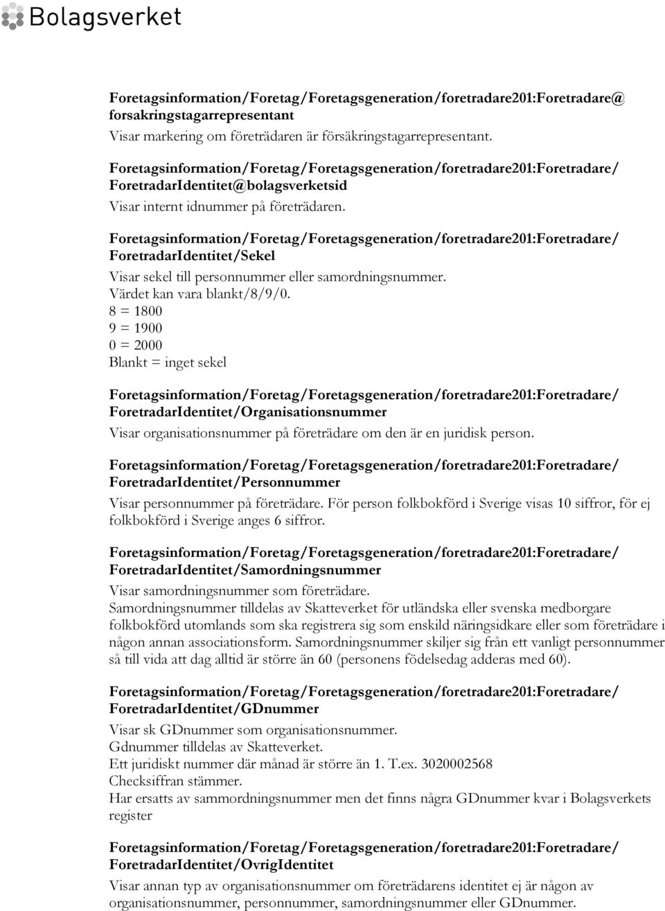 8 = 1800 9 = 1900 0 = 2000 Blankt = inget sekel ForetradarIdentitet/Organisationsnummer Visar organisationsnummer på företrädare om den är en juridisk person.