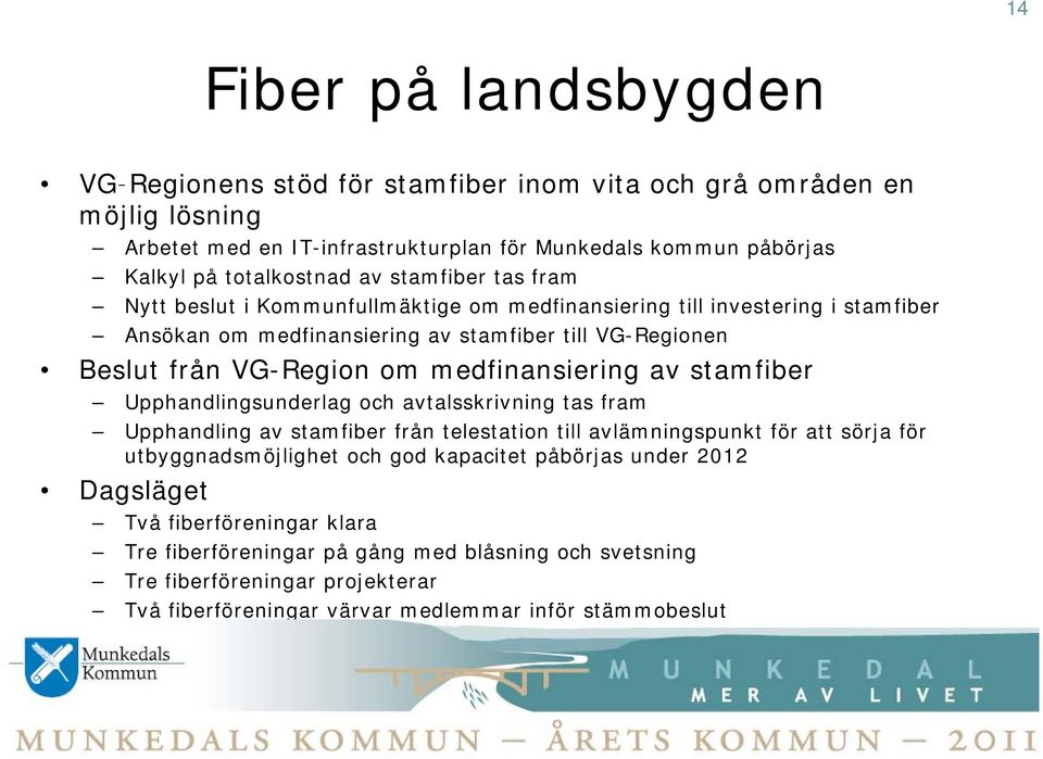 medfinansiering av stamfiber Upphandlingsunderlag och avtalsskrivning tas fram Upphandling av stamfiber från telestation till avlämningspunkt för att sörja för utbyggnadsmöjlighet och god