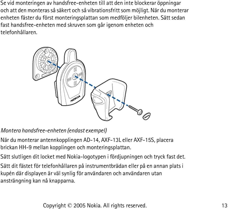 Montera handsfree-enheten (endast exempel) När du monterar antennkopplingen AD-14, AXF-13L eller AXF-15S, placera brickan HH-9 mellan kopplingen och monteringsplattan.