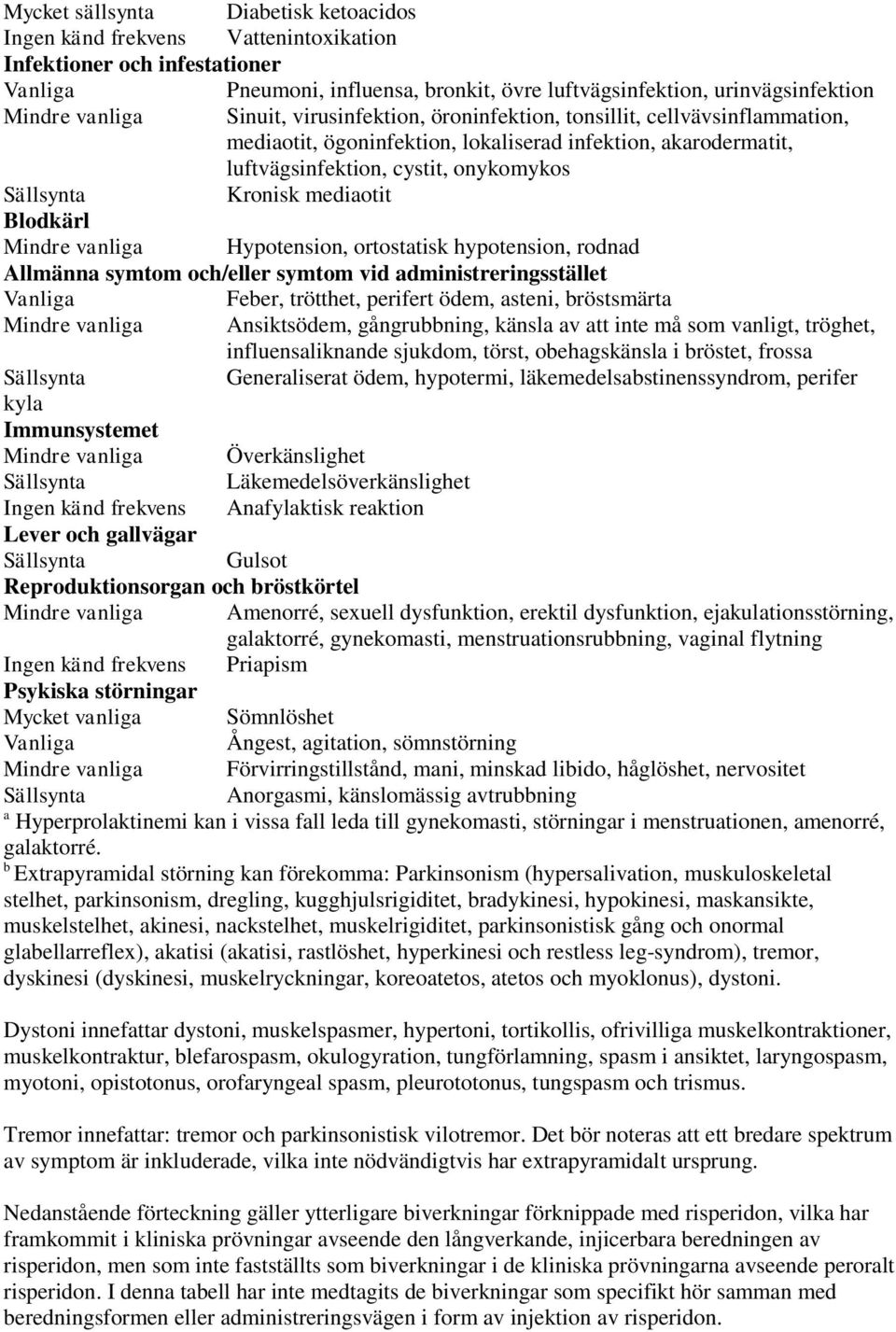 Blodkärl Mindre vanliga Hypotension, ortostatisk hypotension, rodnad Allmänna symtom och/eller symtom vid administreringsstället Feber, trötthet, perifert ödem, asteni, bröstsmärta Mindre vanliga