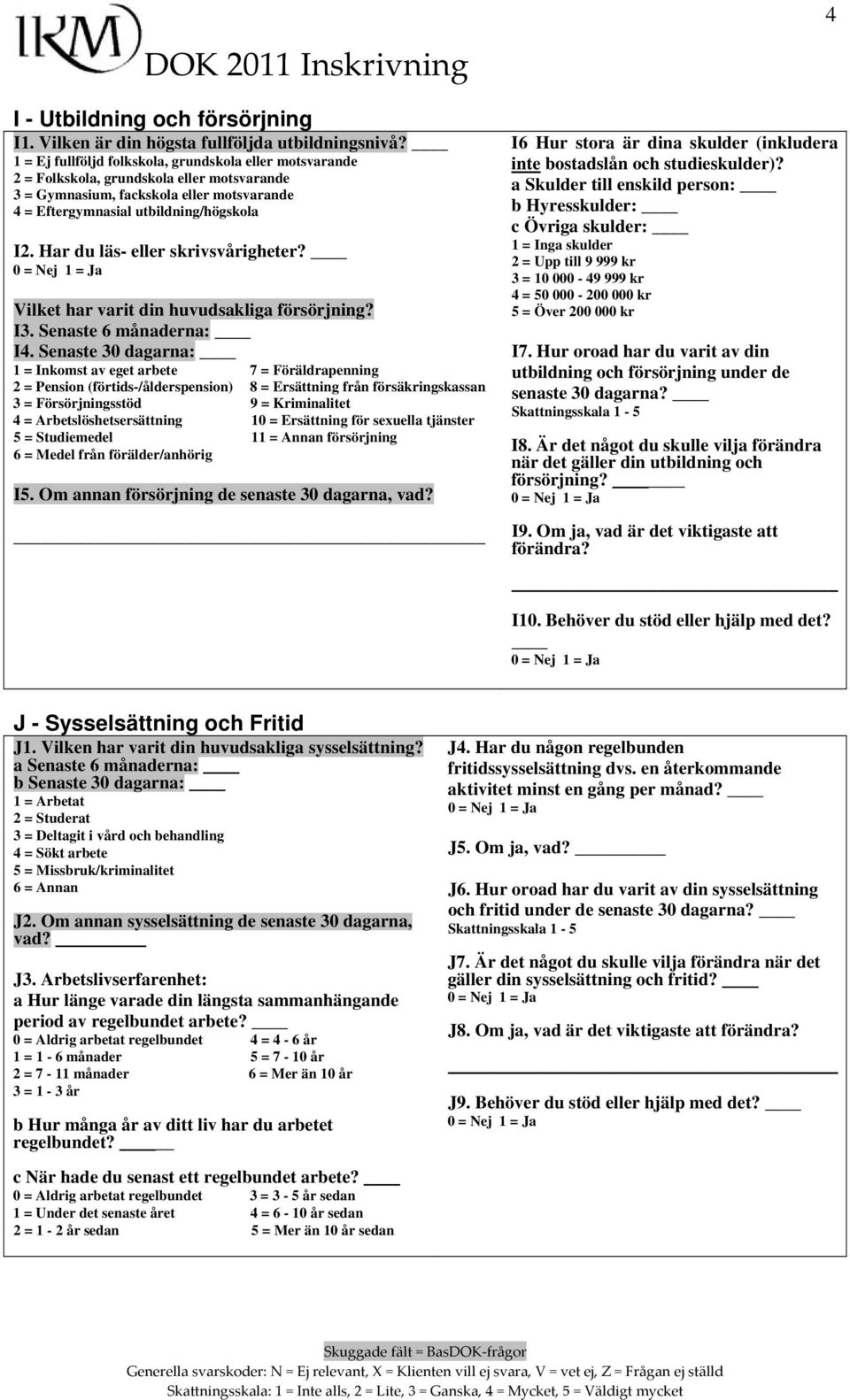 Har du läs- eller skrivsvårigheter? Vilket har varit din huvudsakliga försörjning? I3. Senaste 6 : I4.