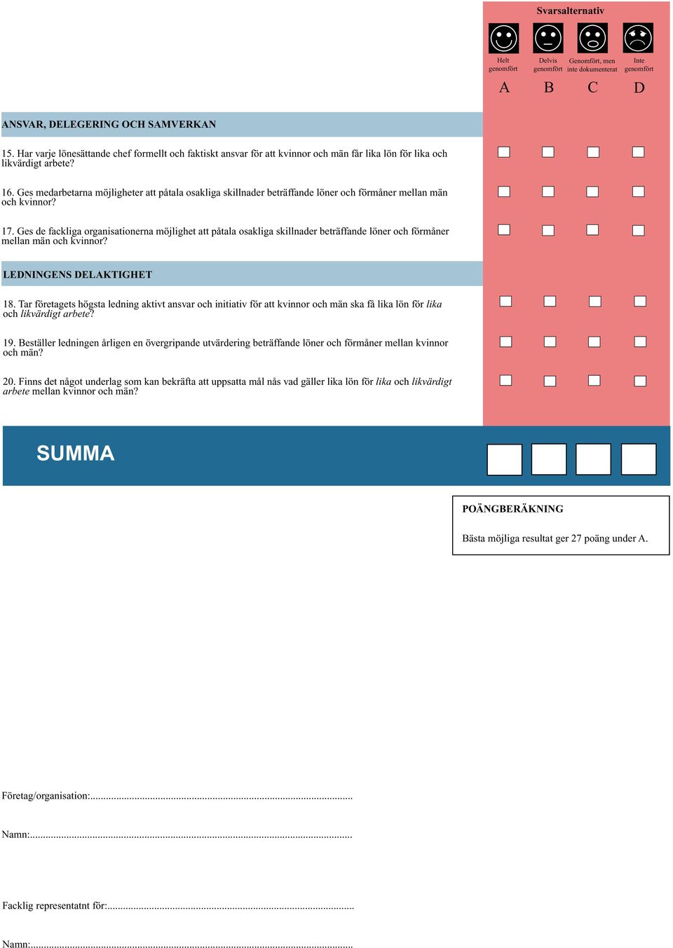 Ges medarbetarna möjligheter att påtala osakliga skillnader beträffande löner och förmåner mellan män och kvinnor? 17.