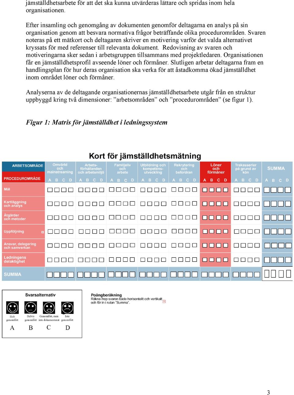 Svaren noteras på ett mätkort och deltagaren skriver en motivering varför det valda alternativet kryssats för med referenser till relevanta dokument.