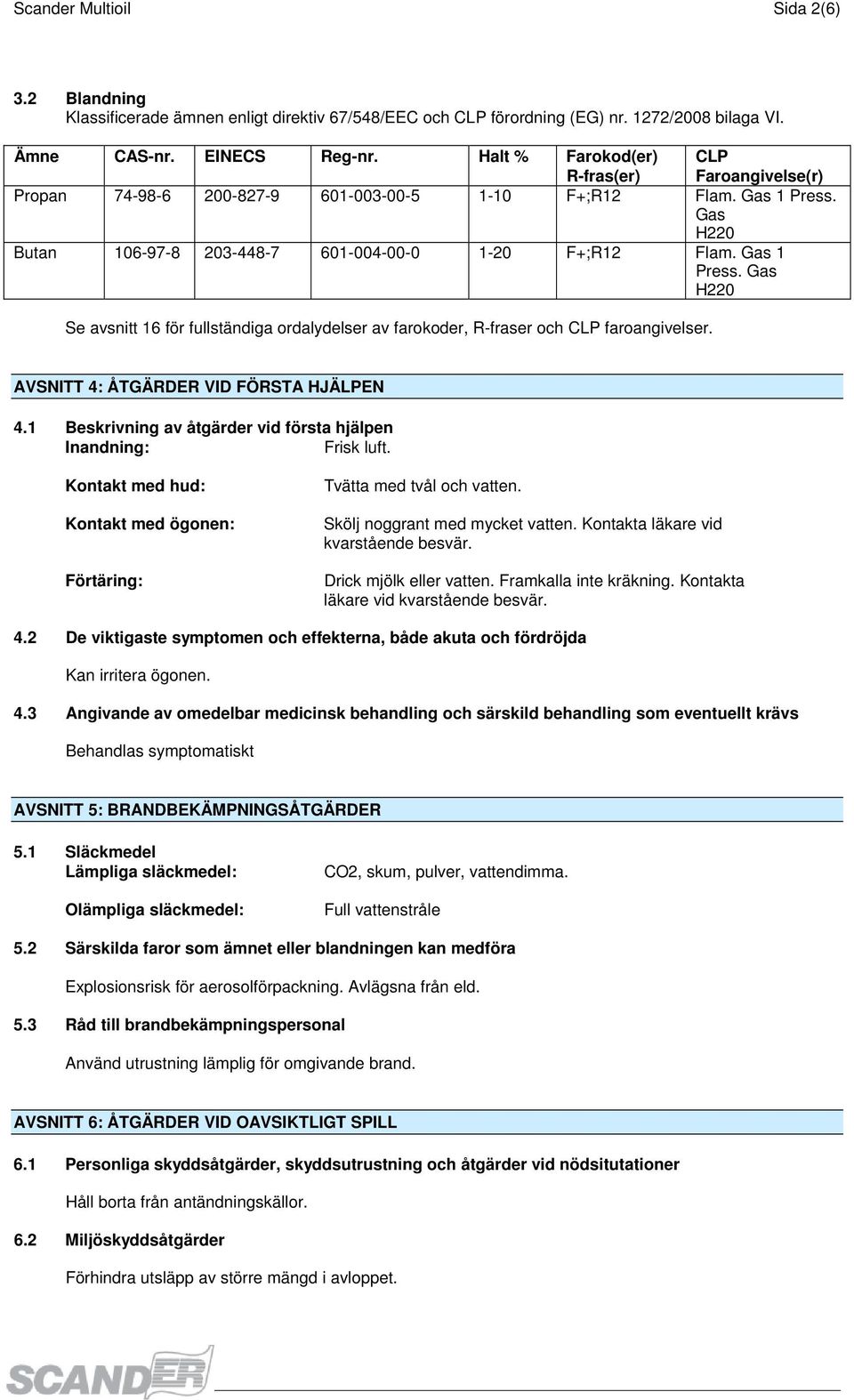 Gas H220 Butan 106-97-8 203-448-7 601-004-00-0 1-20 F+;R12 Flam. Gas 1 Press. Gas H220 Se avsnitt 16 för fullständiga ordalydelser av farokoder, R-fraser och CLP faroangivelser.