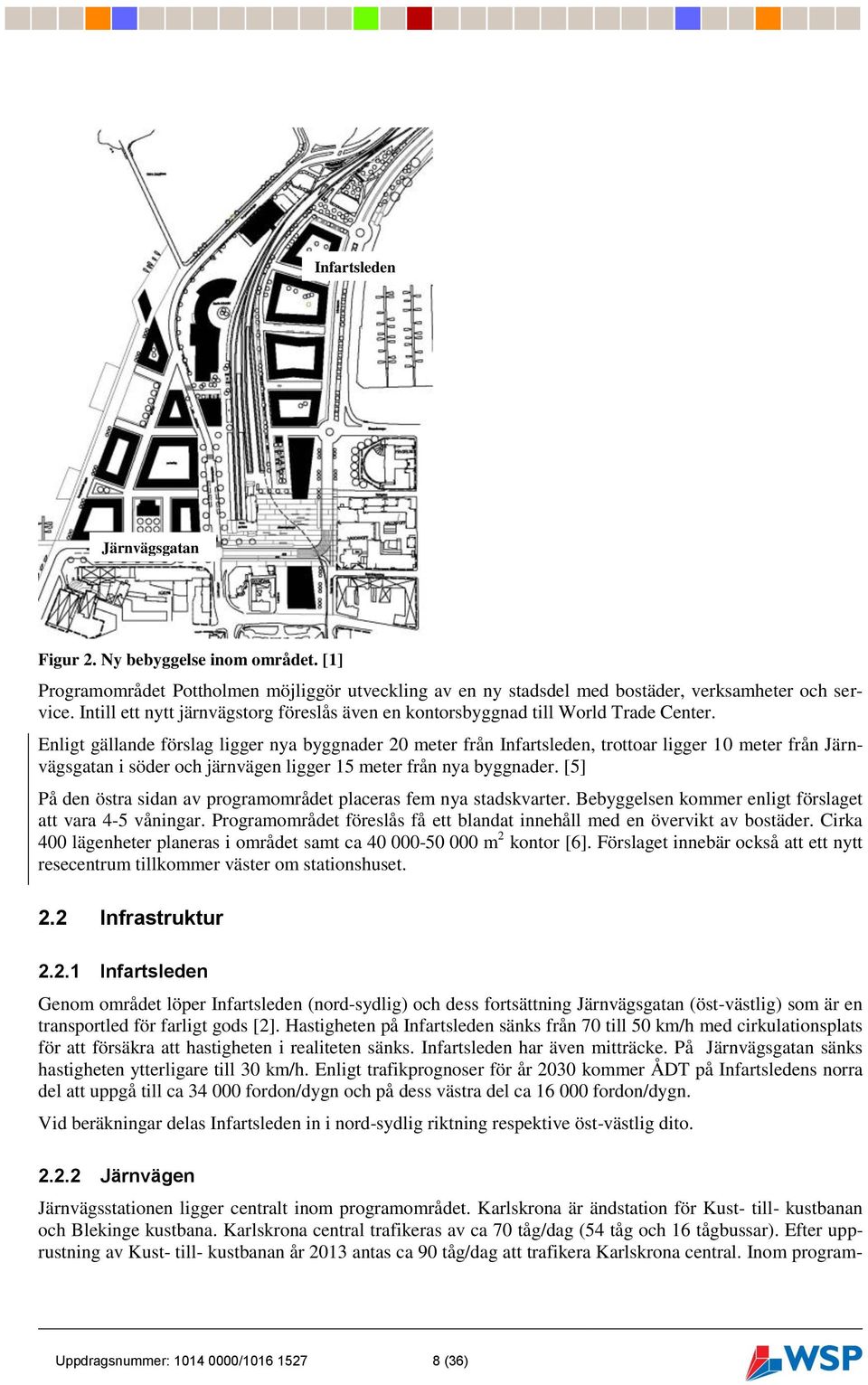 Enligt gällande förslag ligger nya byggnader 20 meter från Infartsleden, trottoar ligger 10 meter från Järnvägsgatan i söder och järnvägen ligger 15 meter från nya byggnader.