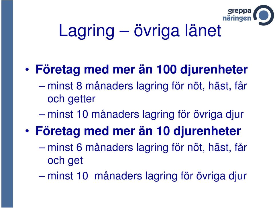 lagring för övriga djur Företag med mer än 10 djurenheter minst 6