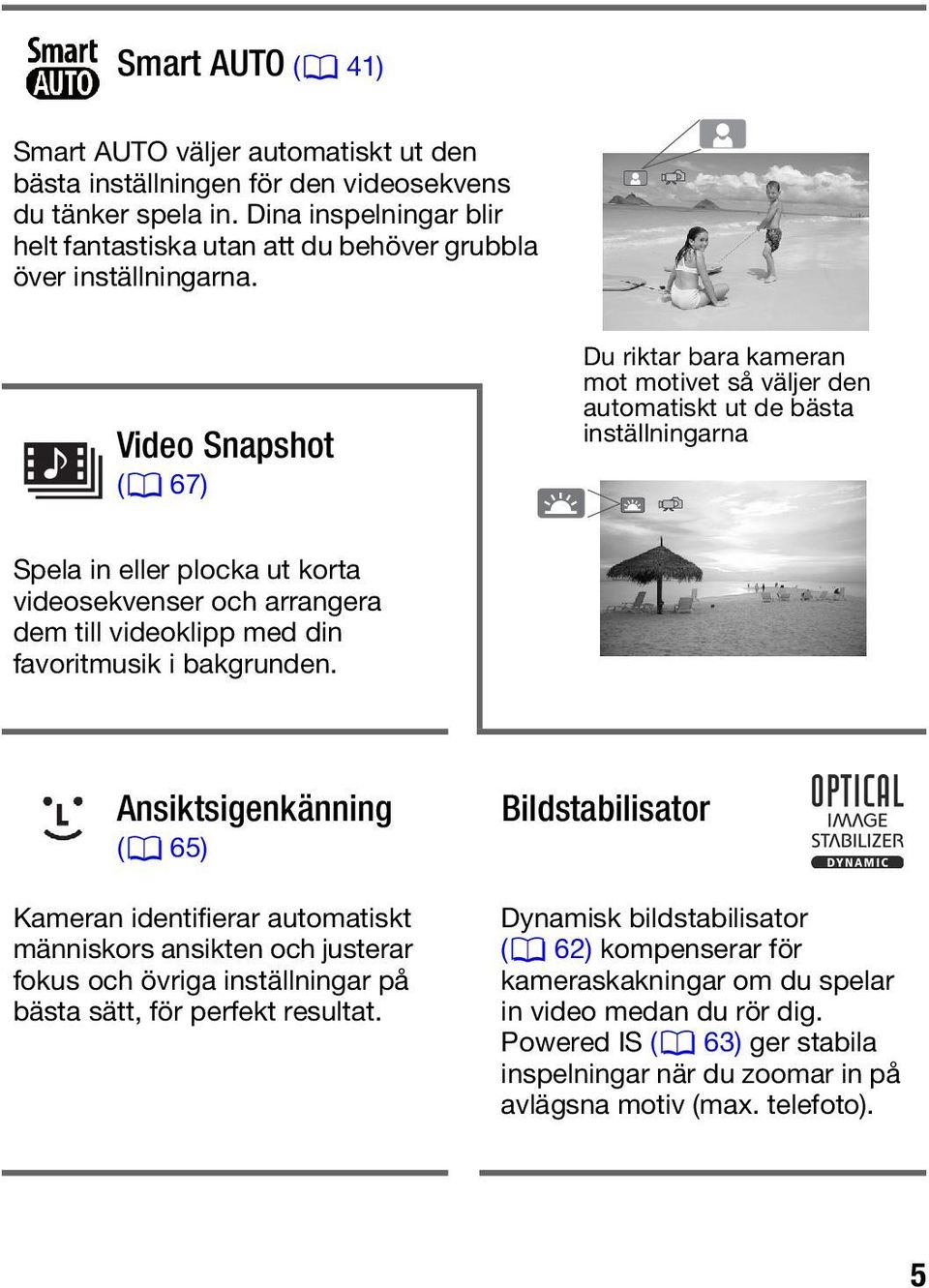 Video Snapshot (0 67) Du riktar bara kameran mot motivet så väljer den automatiskt ut de bästa inställningarna Spela in eller plocka ut korta videosekvenser och arrangera dem till videoklipp med din