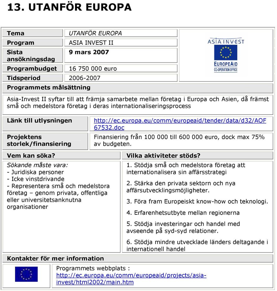 eu/comm/europeaid/tender/data/d32/aof 67532.doc Finansiering från 100 000 till 600 000 euro, dock max 75% av budgeten. Vem kan söka?