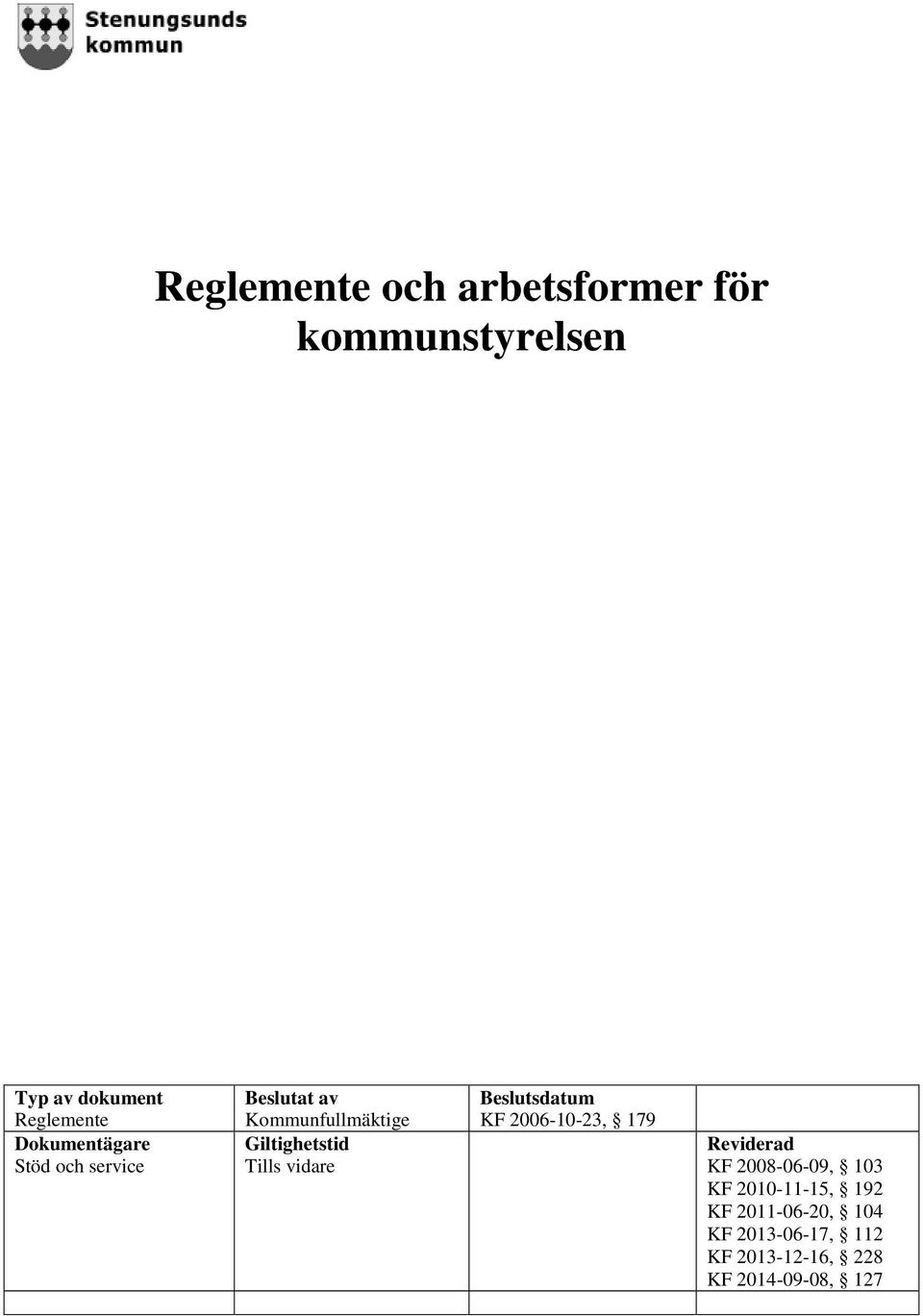 Tills vidare Beslutsdatum KF 2006-10-23, 179 Reviderad KF 2008-06-09, 103 KF