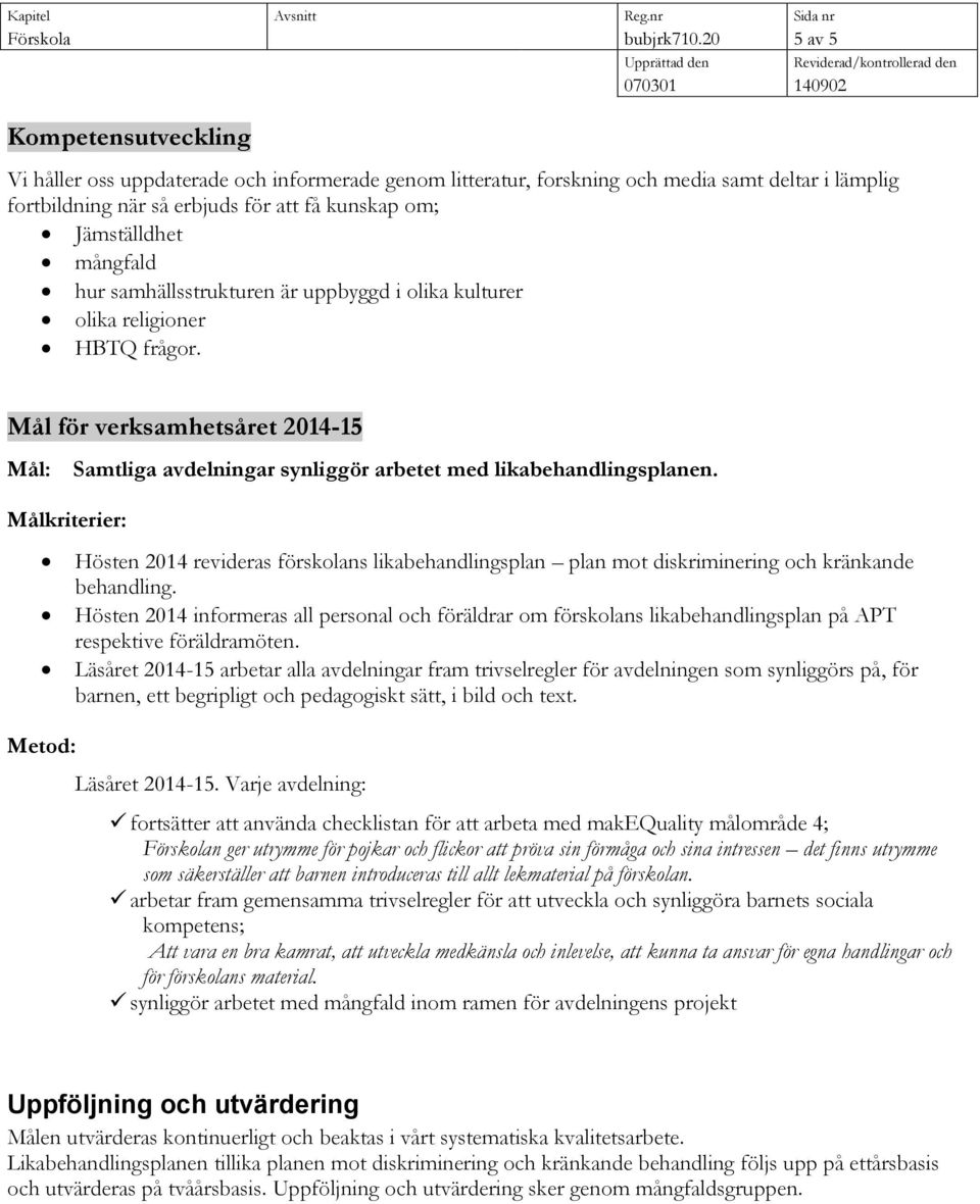 mångfald hur samhällsstrukturen är uppbyggd i olika kulturer olika religioner HBTQ frågor. Mål för verksamhetsåret 2014-15 Mål: Samtliga avdelningar synliggör arbetet med likabehandlingsplanen.