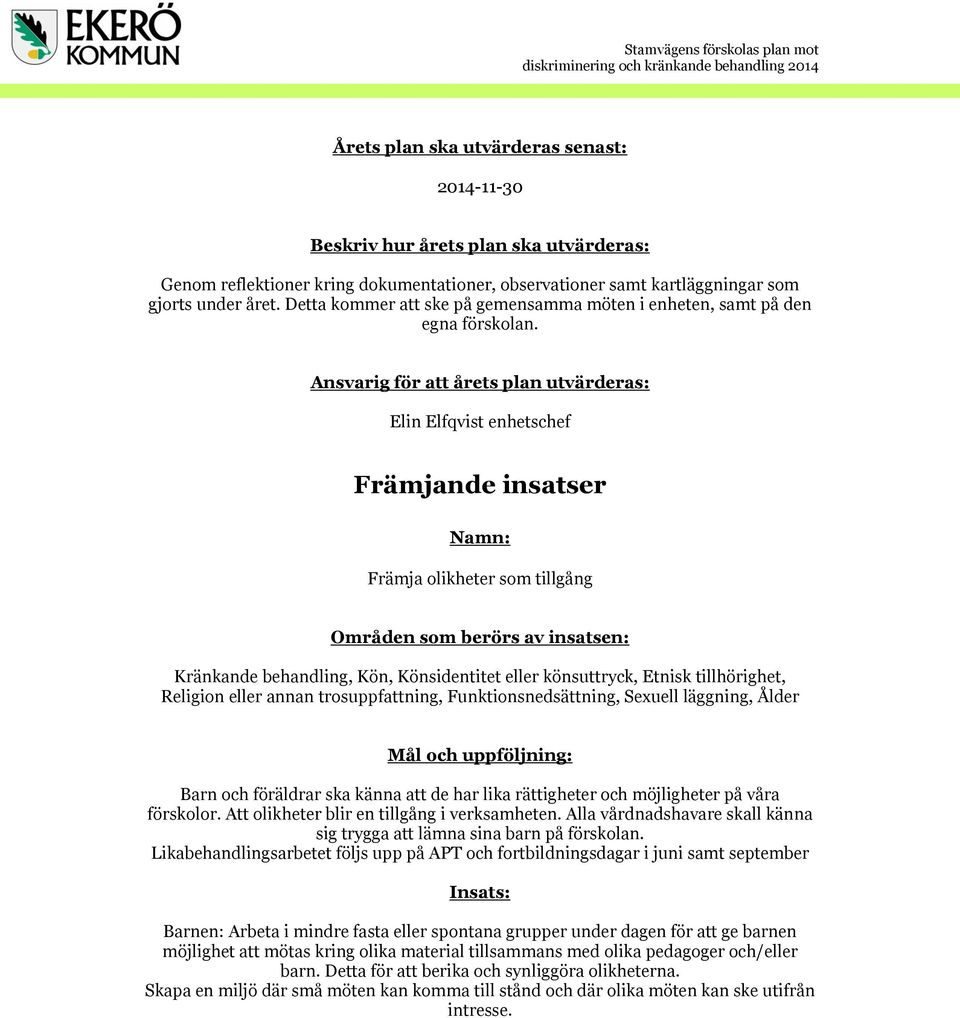 Ansvarig för att årets plan utvärderas: Elin Elfqvist enhetschef Främjande insatser Namn: Främja olikheter som tillgång Områden som berörs av insatsen: Kränkande behandling, Kön, Könsidentitet eller