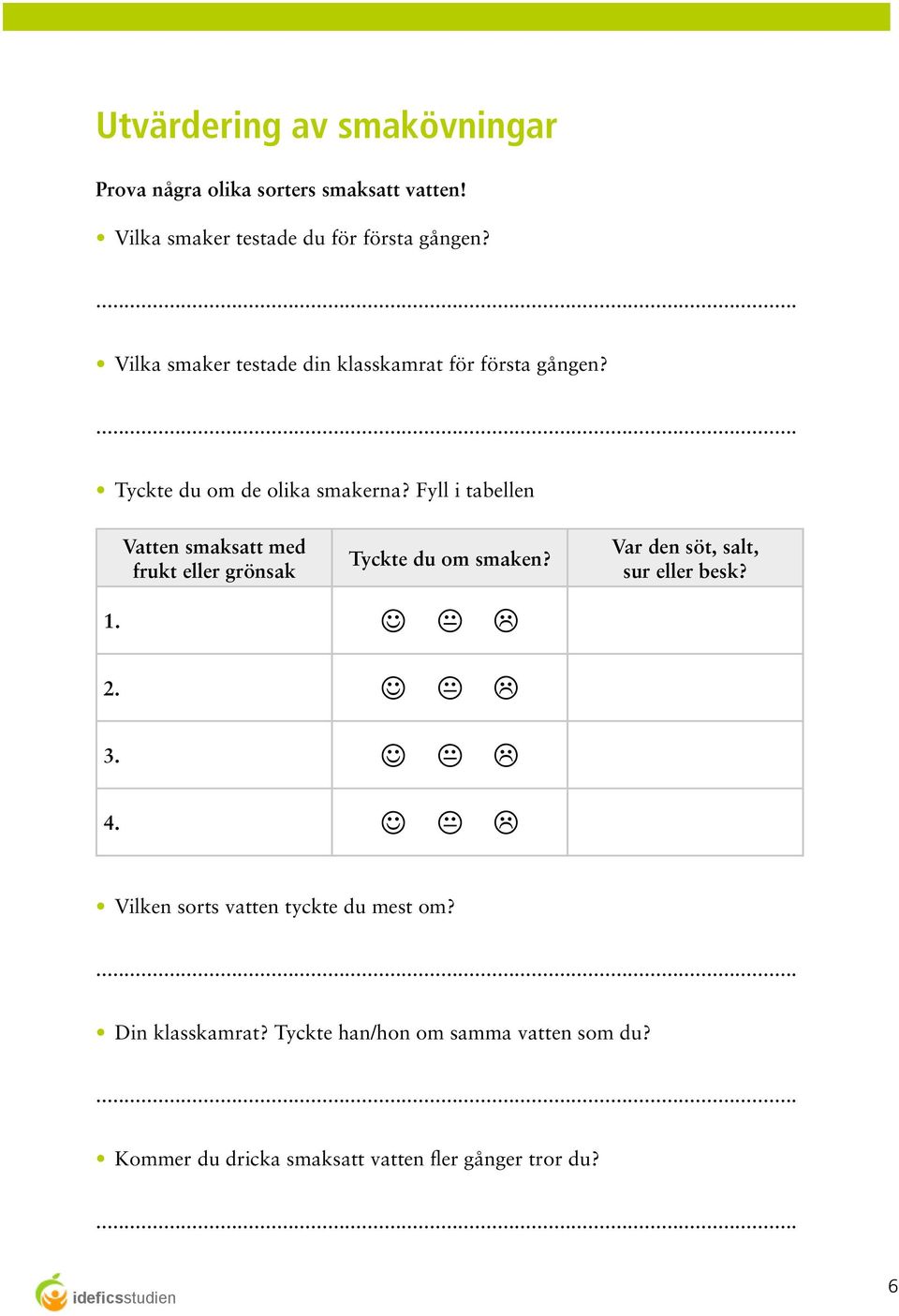 Fyll i tabellen Vatten smaksatt med frukt eller grönsak Tyckte du om smaken? Var den söt, salt, sur eller besk? 1. J K L 2.