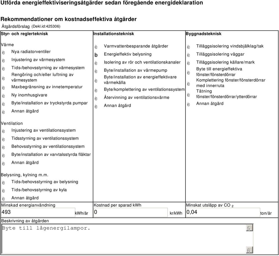 värmesystem Maxbegränsning av innetemperatur Ny inomhusgivare Byte/installation av tryckstyrda pumpar Ventilation Injustering av ventilationssystem Tidsstyrning av ventilationssystem Behovsstyrning