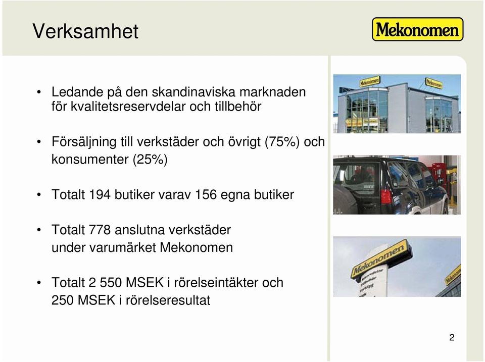 Totalt 194 butiker varav 156 egna butiker Totalt 778 anslutna verkstäder under