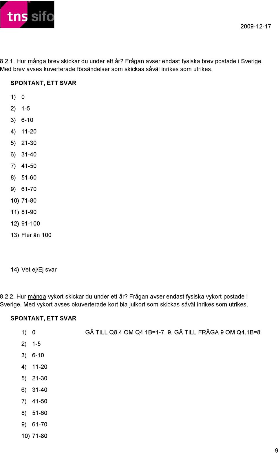 SPONTANT, ETT SVAR 1) 0 2) 1-5 3) 6-10 4) 11-20 5) 21-30 6) 31-40 7) 41-50 8) 51-60 9) 61-70 10) 71-80 11) 81-90 12) 91-100 13) Fler än 100 14) Vet ej/ej svar 8.2.2. Hur många vykort skickar du under ett år?