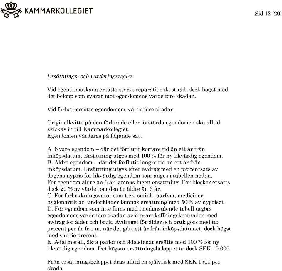 Nyare egendom där det förflutit kortare tid än ett år från inköpsdatum. Ersättning utges med 100 % för ny likvärdig egendom. B. Äldre egendom där det förflutit längre tid än ett år från inköpsdatum.