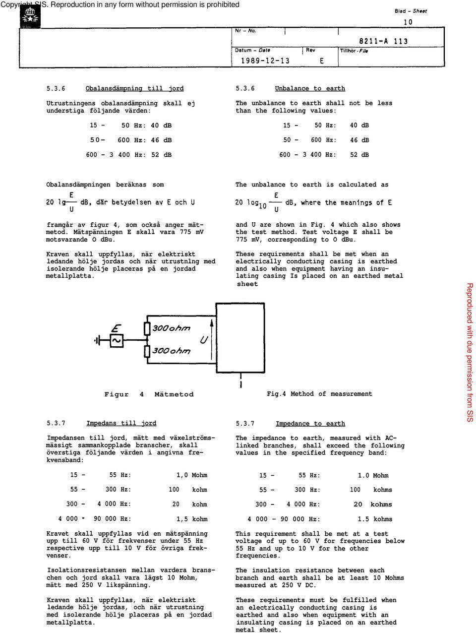 calculated as framgår av figur 4, som också anger mätmetod. Mätspänningen E skall vara 775 mv motsvarande O dbu. and U are shown in Fig. 4 which also shows the test method.
