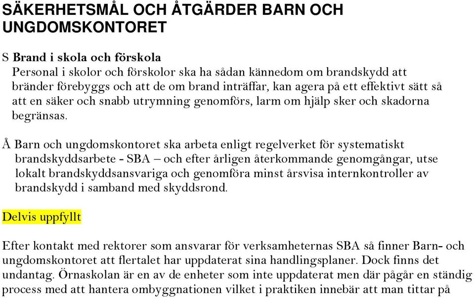 Å Barn och ungdomskontoret ska arbeta enligt regelverket för systematiskt brandskyddsarbete - SBA och efter årligen återkommande genomgångar, utse lokalt brandskyddsansvariga och genomföra minst