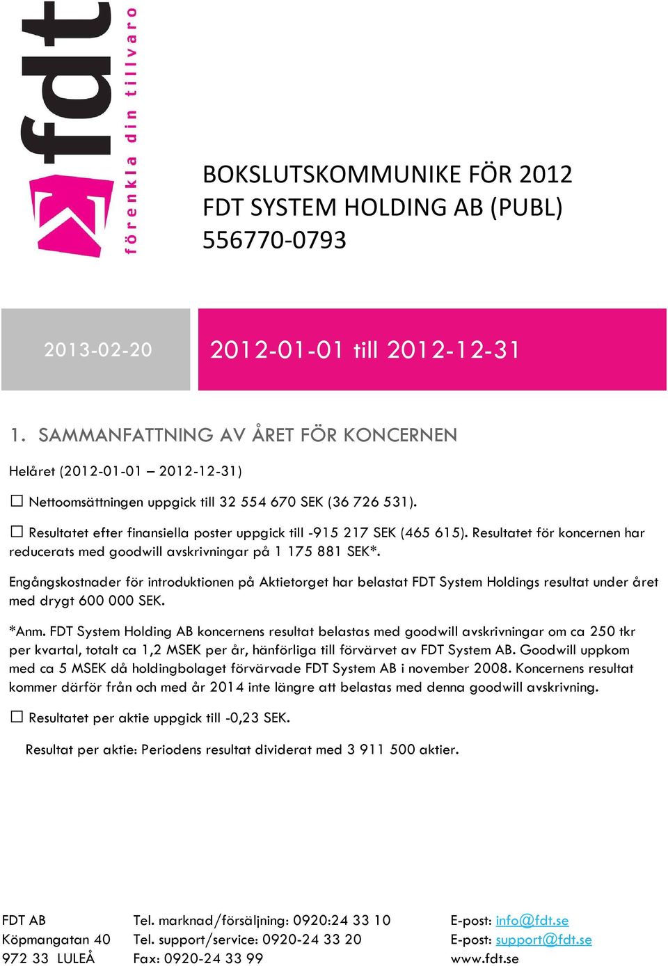 Resultatet efter finansiella poster uppgick till -915 217 SEK (465 615). Resultatet för koncernen har reducerats med goodwill avskrivningar på 1 175 881 SEK*.