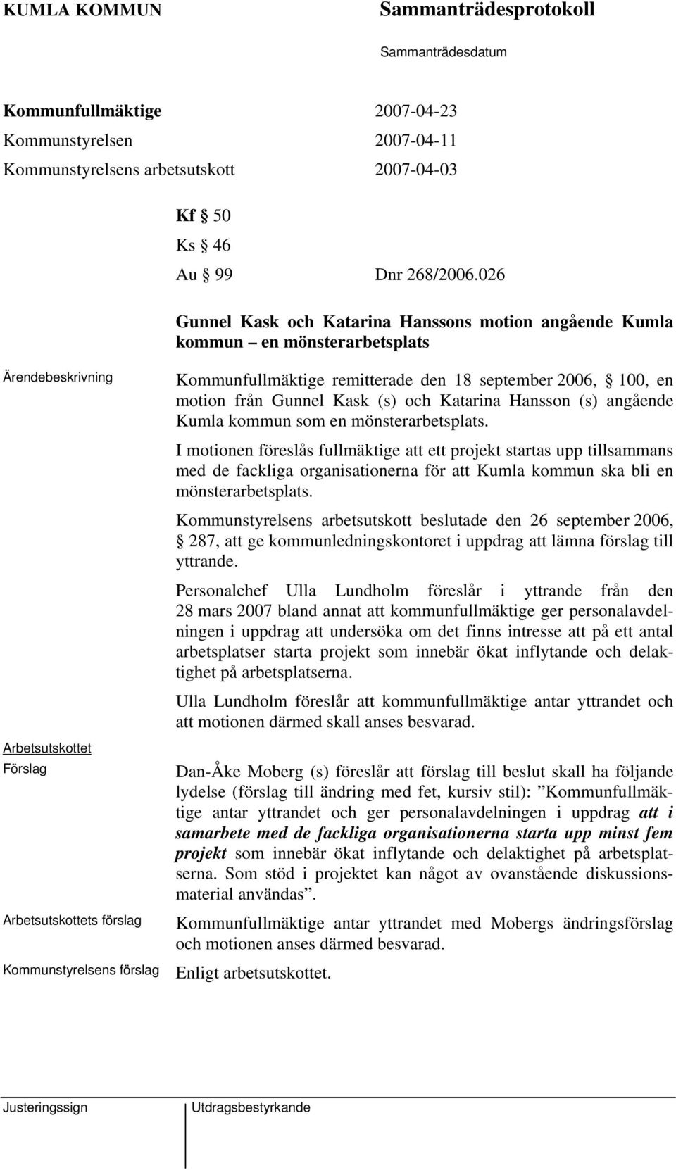 september 2006, 100, en motion från Gunnel Kask (s) och Katarina Hansson (s) angående Kumla kommun som en mönsterarbetsplats.